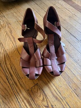 Madewell Brown Leather Woven Peep-Toe Heels